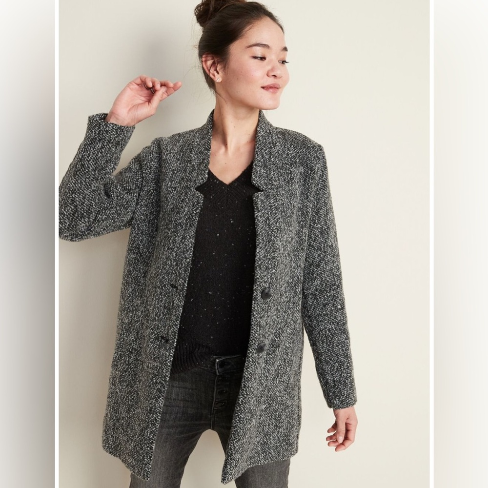 Textured Button-Front Coat Gray Tweed Sz S